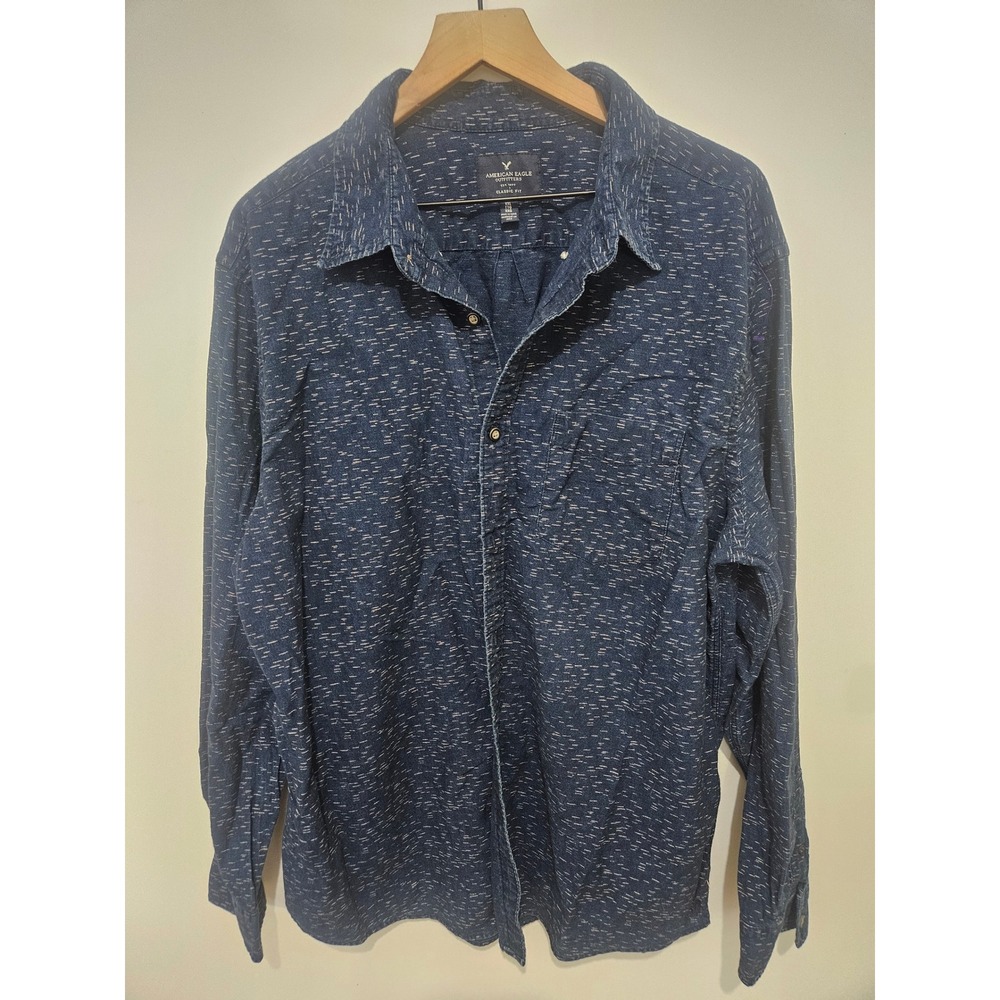 American Eagle Mens XXL Blue Textured Dash Print Cotton Button Down Shirt XXL